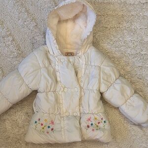 White Water Resistant Kids Puffer Jacket with Faux Fur & Floral Embroidery, L